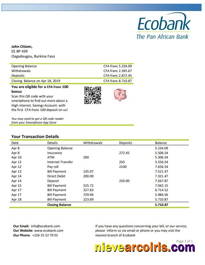 Burkina Faso Ecobank bank statement